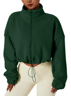 QINSEN Women's Full Zip Fleece Short Jacket Warm Winter Long Sleeve Stand Collar Sherpa Crop Coat