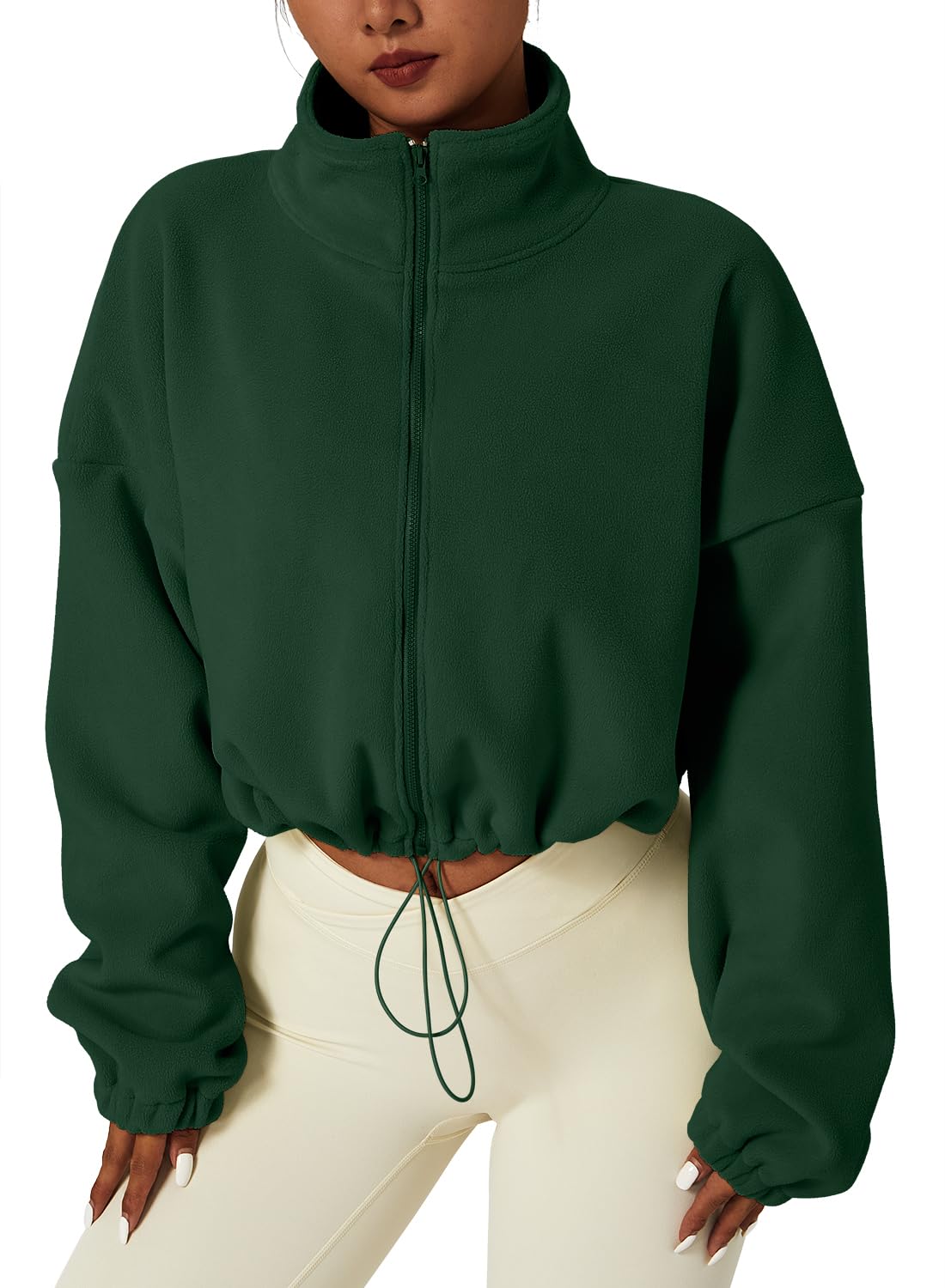 QINSEN Women's Full Zip Fleece Short Jacket Warm Winter Long Sleeve Stand Collar Sherpa Crop Coat