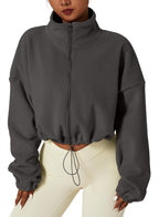 QINSEN Women's Full Zip Fleece Short Jacket Warm Winter Long Sleeve Stand Collar Sherpa Crop Coat