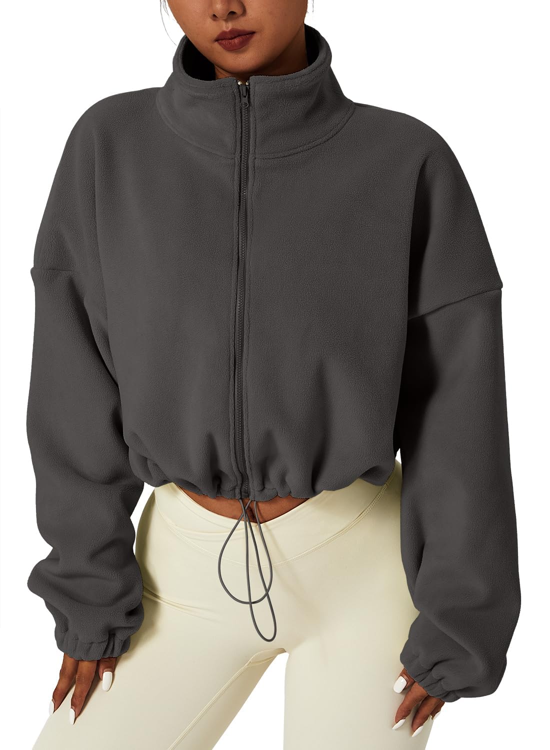 QINSEN Women's Full Zip Fleece Short Jacket Warm Winter Long Sleeve Stand Collar Sherpa Crop Coat