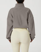 QINSEN Women's Full Zip Fleece Short Jacket Warm Winter Long Sleeve Stand Collar Sherpa Crop Coat