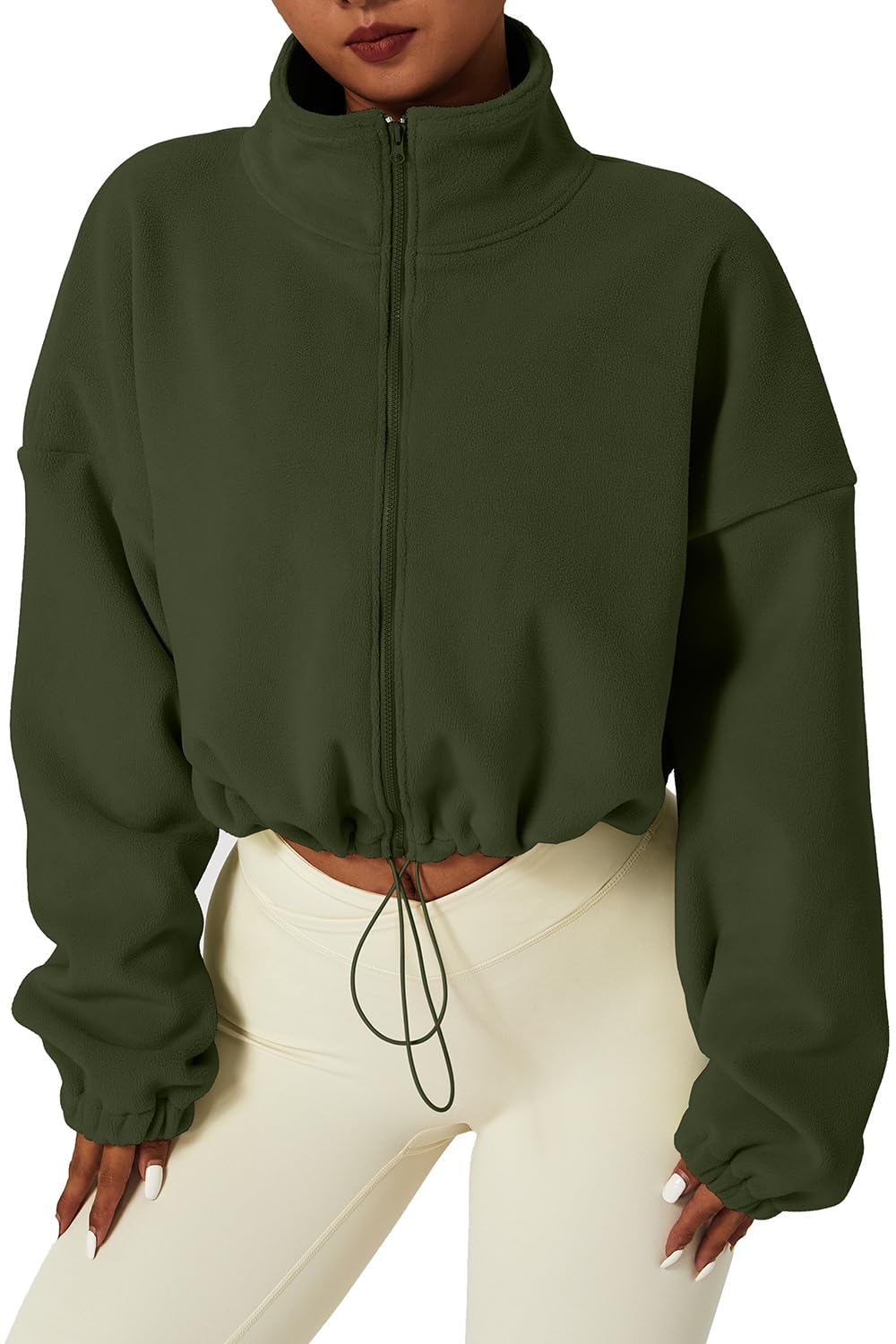 QINSEN Women's Full Zip Fleece Short Jacket Warm Winter Long Sleeve Stand Collar Sherpa Crop Coat