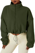 QINSEN Women's Full Zip Fleece Short Jacket Warm Winter Long Sleeve Stand Collar Sherpa Crop Coat