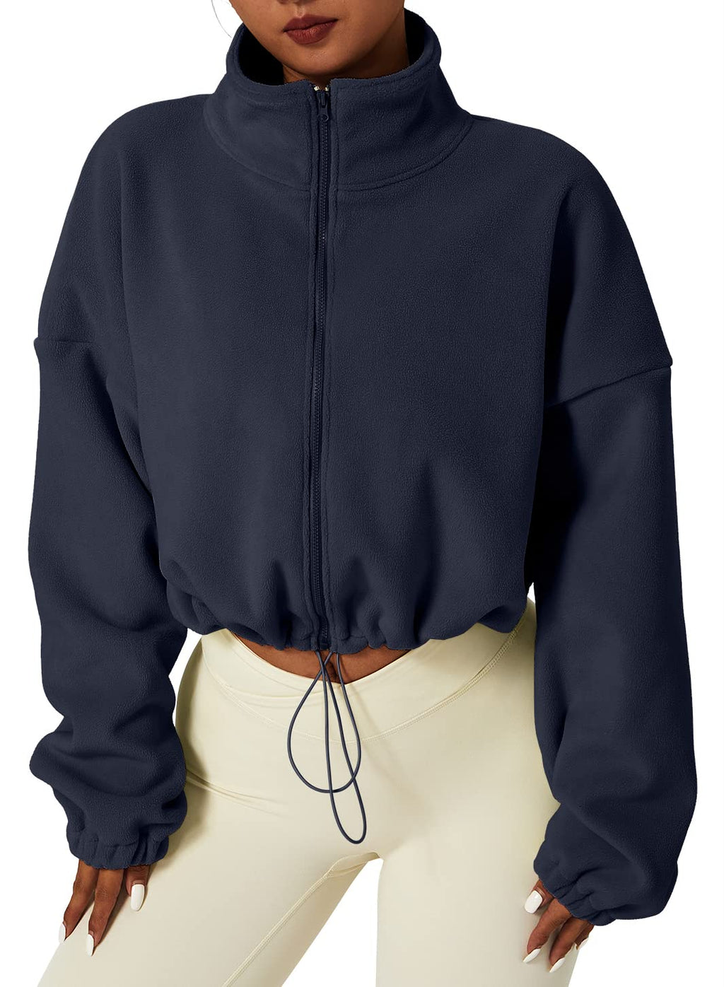 QINSEN Women's Full Zip Fleece Short Jacket Warm Winter Long Sleeve Stand Collar Sherpa Crop Coat