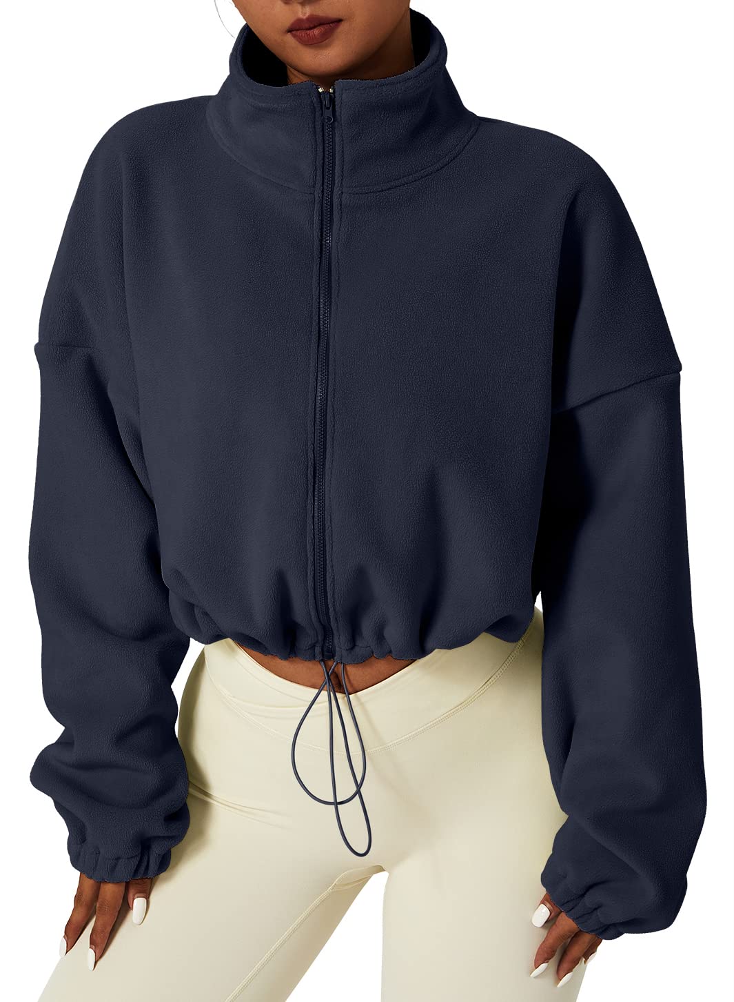 QINSEN Women's Full Zip Fleece Short Jacket Warm Winter Long Sleeve Stand Collar Sherpa Crop Coat