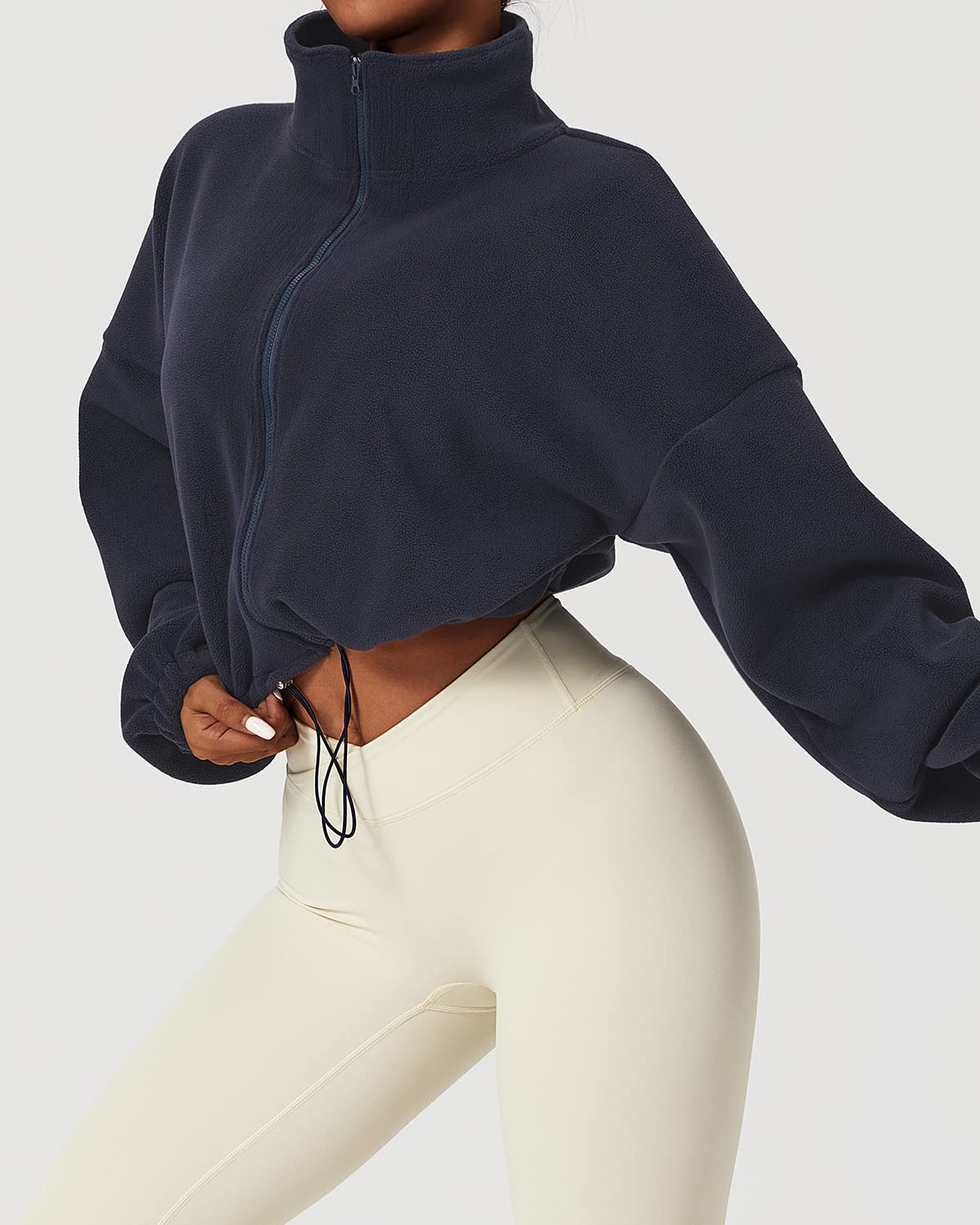QINSEN Women's Full Zip Fleece Short Jacket Warm Winter Long Sleeve Stand Collar Sherpa Crop Coat