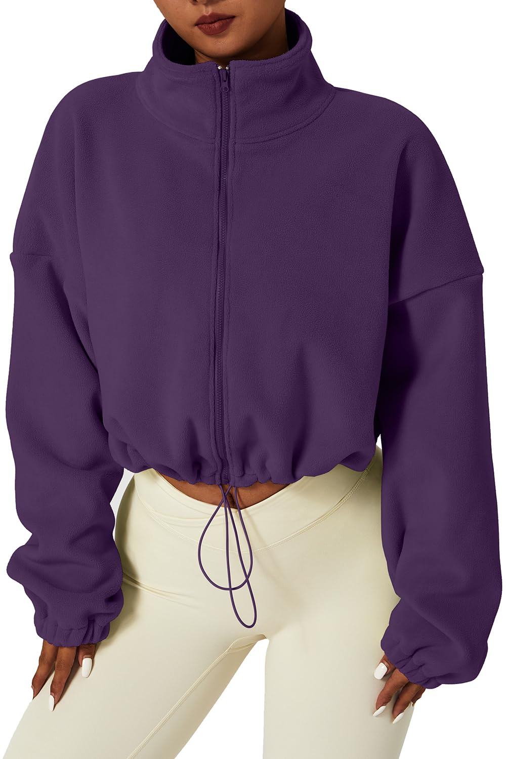 QINSEN Women's Full Zip Fleece Short Jacket Warm Winter Long Sleeve Stand Collar Sherpa Crop Coat