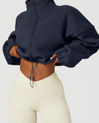 QINSEN Women's Full Zip Fleece Short Jacket Warm Winter Long Sleeve Stand Collar Sherpa Crop Coat