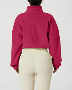 QINSEN Women's Full Zip Fleece Short Jacket Warm Winter Long Sleeve Stand Collar Sherpa Crop Coat
