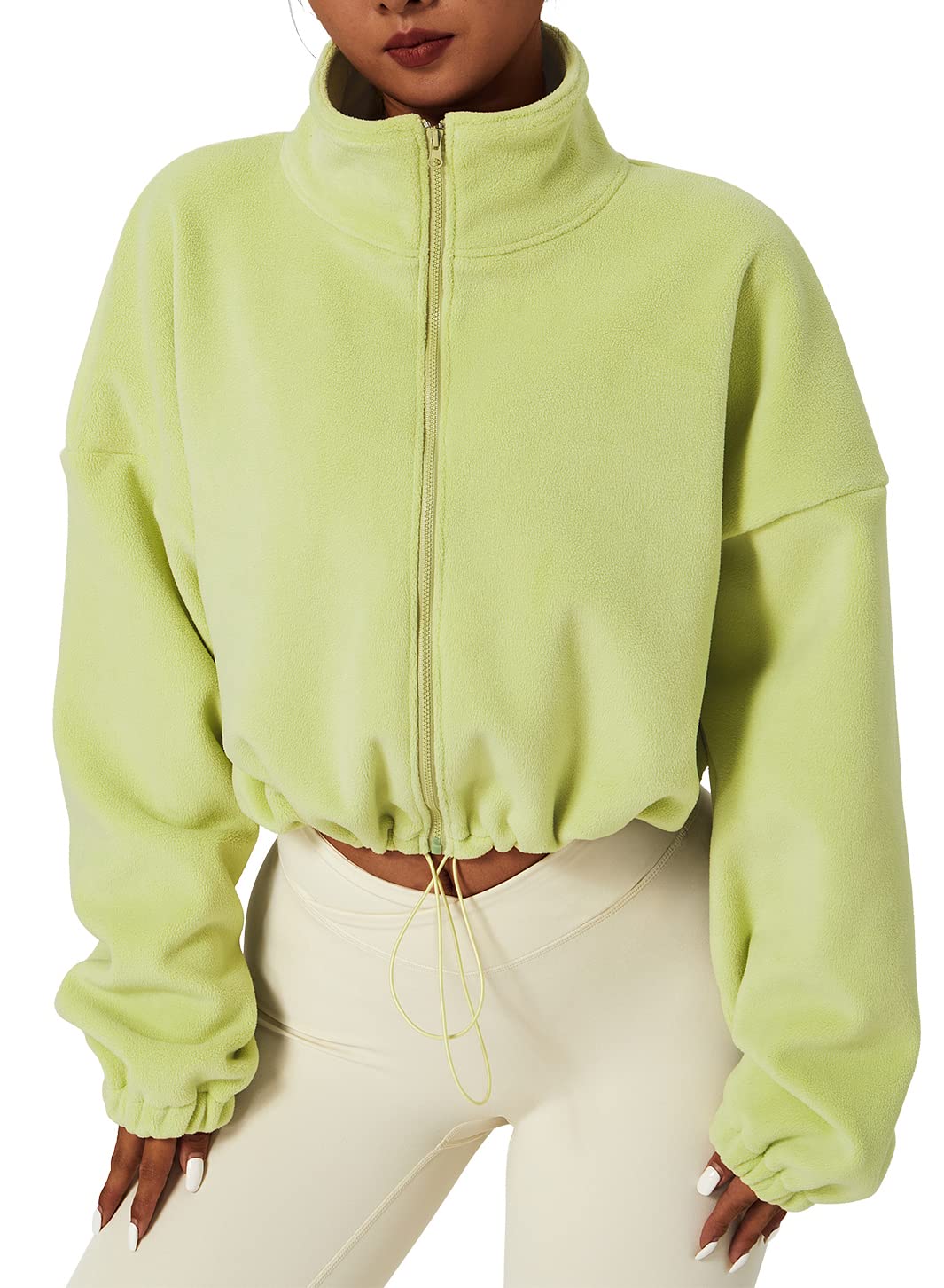 QINSEN Women's Full Zip Fleece Short Jacket Warm Winter Long Sleeve Stand Collar Sherpa Crop Coat