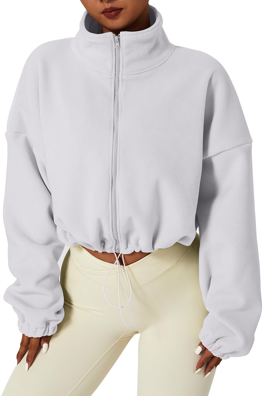 QINSEN Women's Full Zip Fleece Short Jacket Warm Winter Long Sleeve Stand Collar Sherpa Crop Coat