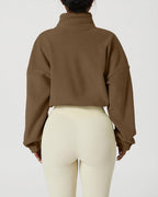 QINSEN Women's Full Zip Fleece Short Jacket Warm Winter Long Sleeve Stand Collar Sherpa Crop Coat