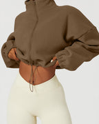 QINSEN Women's Full Zip Fleece Short Jacket Warm Winter Long Sleeve Stand Collar Sherpa Crop Coat