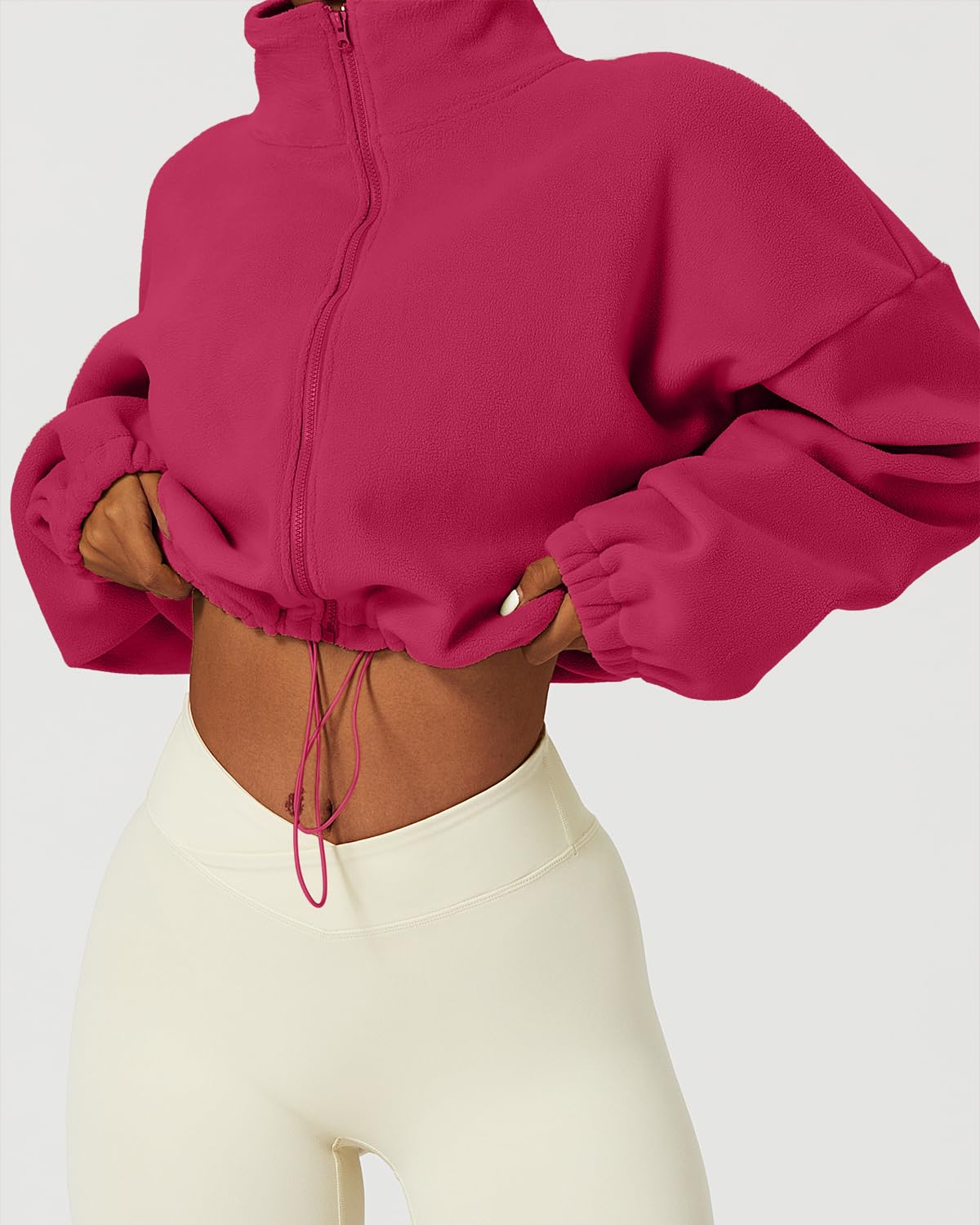 QINSEN Women's Full Zip Fleece Short Jacket Warm Winter Long Sleeve Stand Collar Sherpa Crop Coat