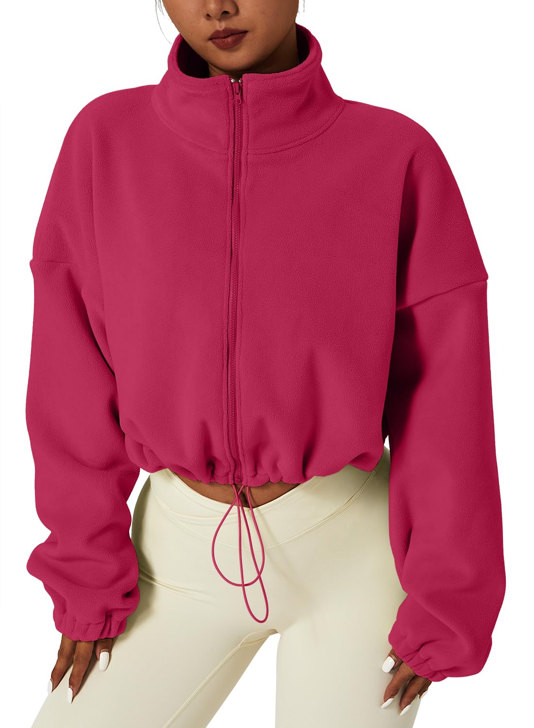 QINSEN Women's Full Zip Fleece Short Jacket Warm Winter Long Sleeve Stand Collar Sherpa Crop Coat