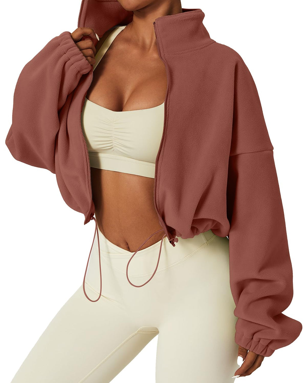 QINSEN Women's Full Zip Fleece Short Jacket Warm Winter Long Sleeve Stand Collar Sherpa Crop Coat