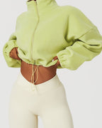 QINSEN Women's Full Zip Fleece Short Jacket Warm Winter Long Sleeve Stand Collar Sherpa Crop Coat