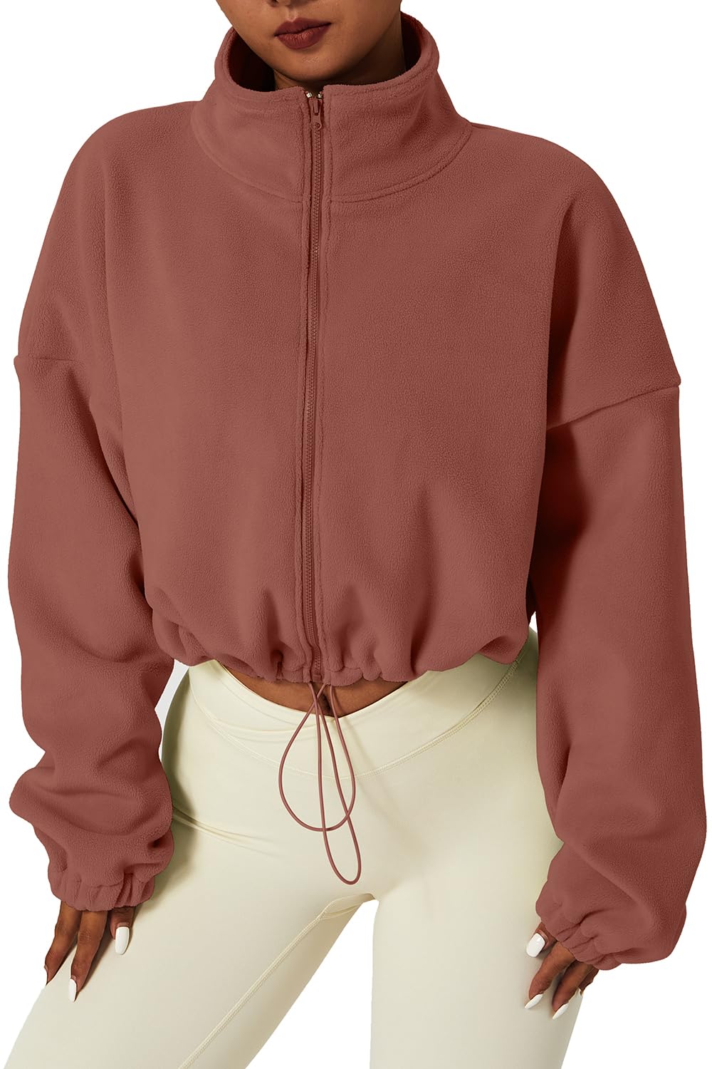 QINSEN Women's Full Zip Fleece Short Jacket Warm Winter Long Sleeve Stand Collar Sherpa Crop Coat