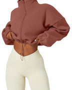 QINSEN Women's Full Zip Fleece Short Jacket Warm Winter Long Sleeve Stand Collar Sherpa Crop Coat
