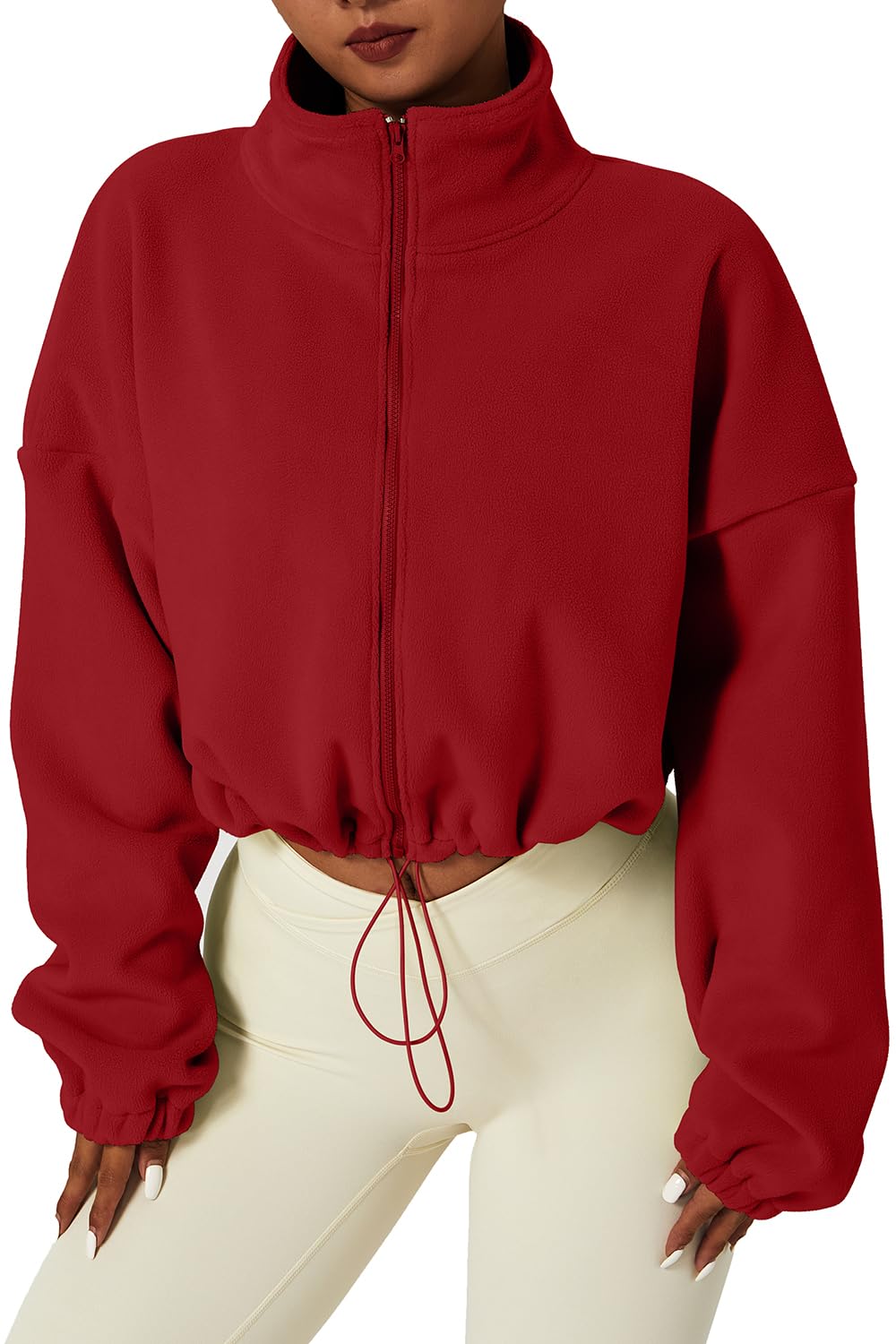 QINSEN Women's Full Zip Fleece Short Jacket Warm Winter Long Sleeve Stand Collar Sherpa Crop Coat
