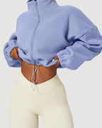 QINSEN Women's Full Zip Fleece Short Jacket Warm Winter Long Sleeve Stand Collar Sherpa Crop Coat