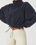 QINSEN Women's Full Zip Fleece Short Jacket Warm Winter Long Sleeve Stand Collar Sherpa Crop Coat