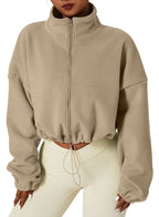 QINSEN Women's Full Zip Fleece Short Jacket Warm Winter Long Sleeve Stand Collar Sherpa Crop Coat