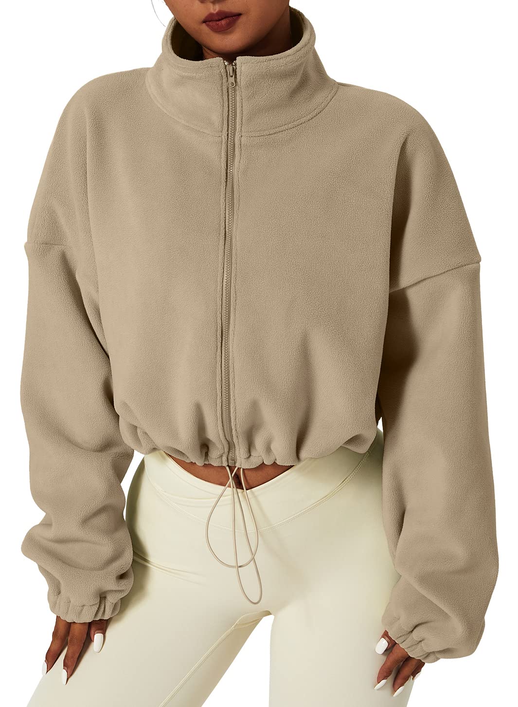 QINSEN Women's Full Zip Fleece Short Jacket Warm Winter Long Sleeve Stand Collar Sherpa Crop Coat