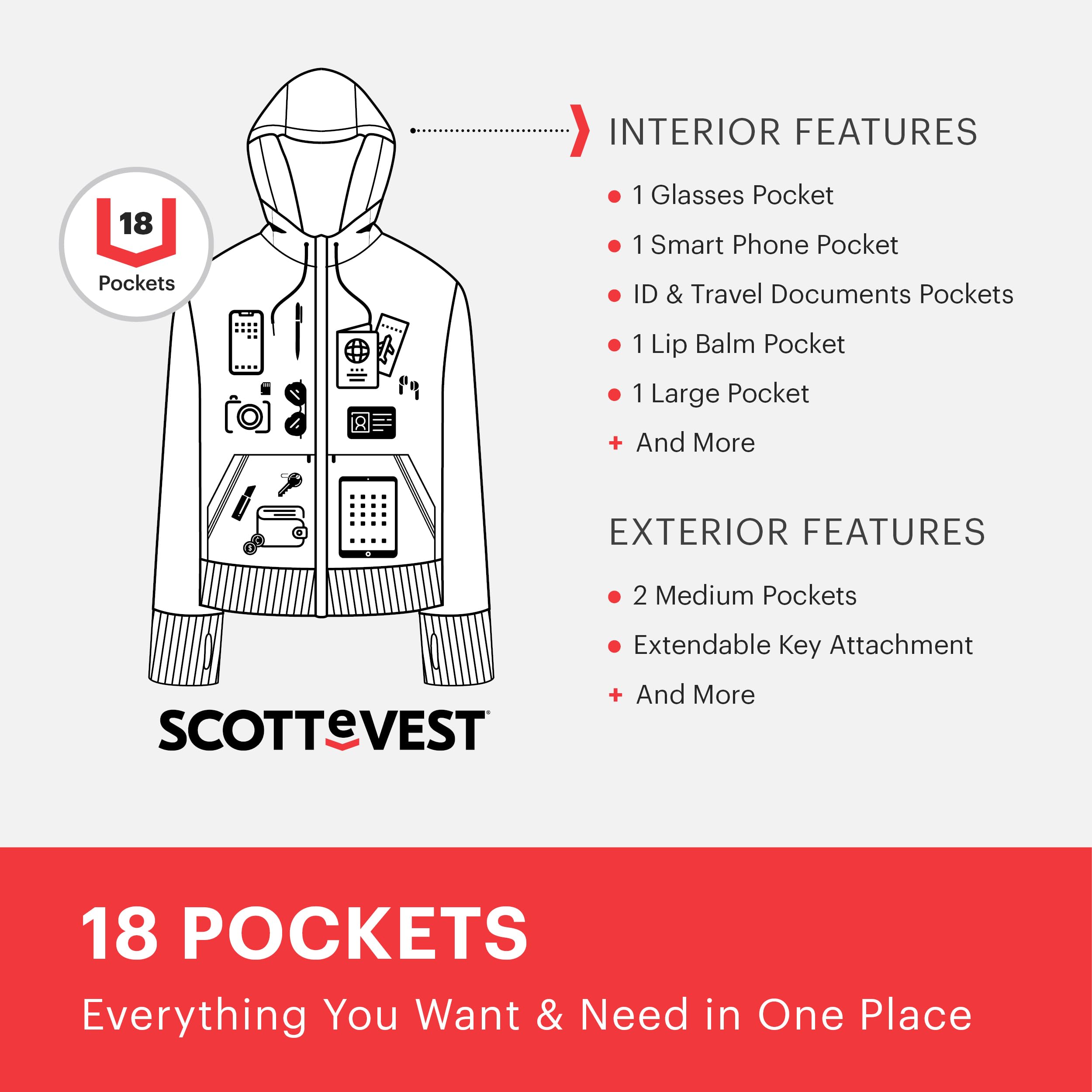 SCOTTeVEST Glow Hoodie for Women - 18 Hidden Pockets - Lightweight Zip Up Sweatshirt for Travel & More