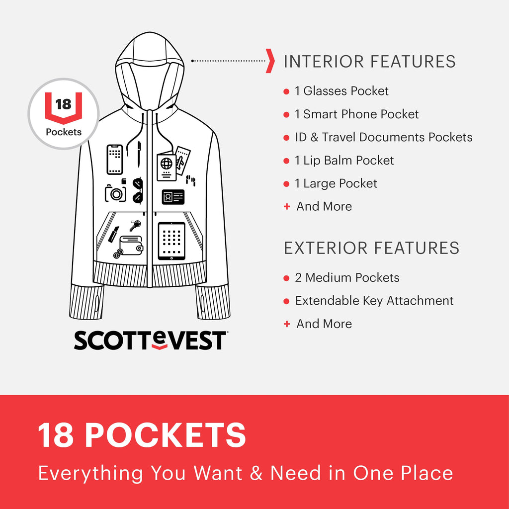 SCOTTeVEST Glow Hoodie for Women - 18 Hidden Pockets - Lightweight Zip Up Sweatshirt for Travel & More