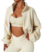 QINSEN Women's Full Zip Fleece Short Jacket Warm Winter Long Sleeve Stand Collar Sherpa Crop Coat