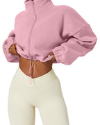 QINSEN Women's Full Zip Fleece Short Jacket Warm Winter Long Sleeve Stand Collar Sherpa Crop Coat