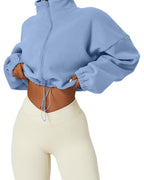 QINSEN Women's Full Zip Fleece Short Jacket Warm Winter Long Sleeve Stand Collar Sherpa Crop Coat