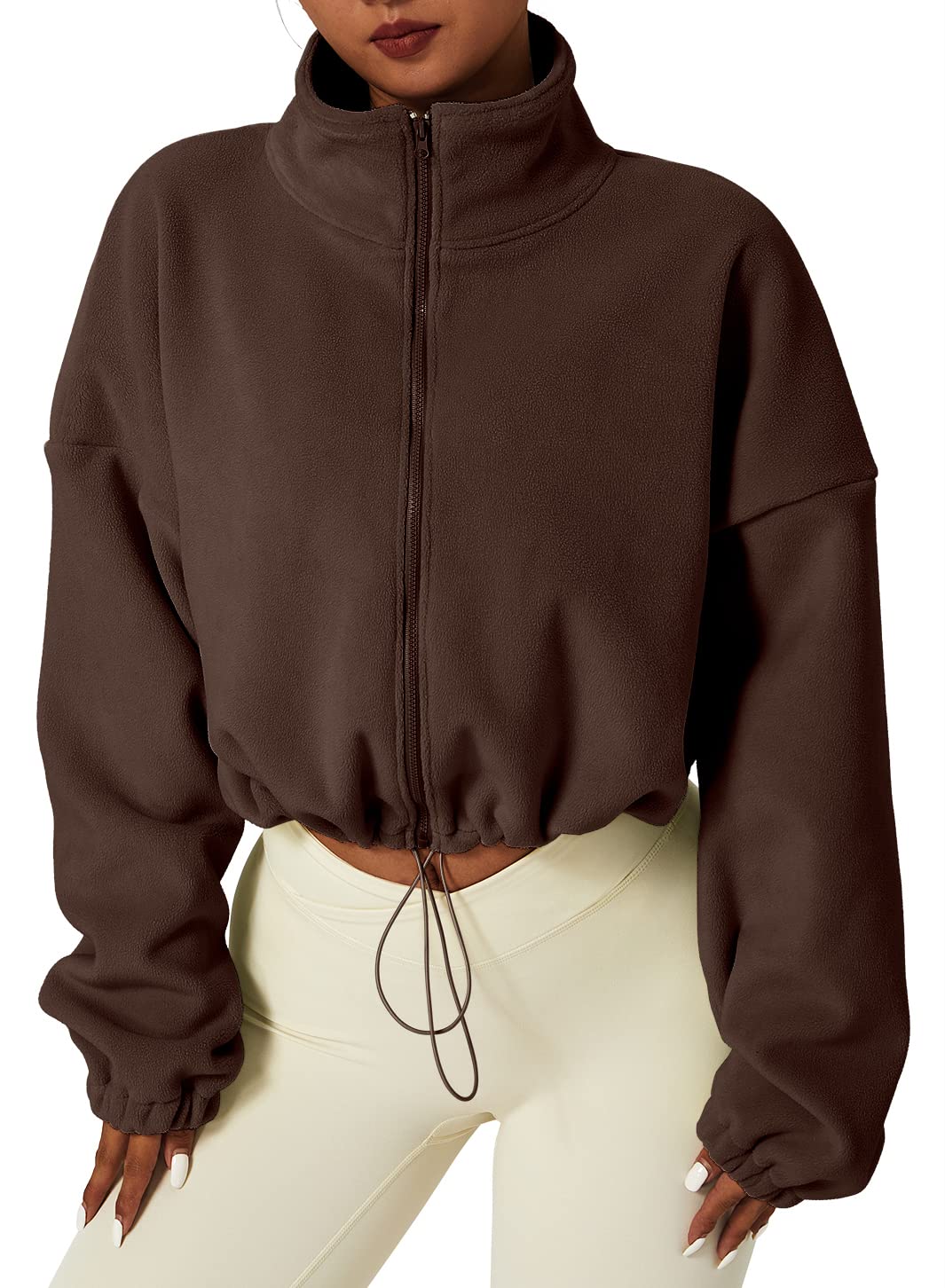 QINSEN Women's Full Zip Fleece Short Jacket Warm Winter Long Sleeve Stand Collar Sherpa Crop Coat
