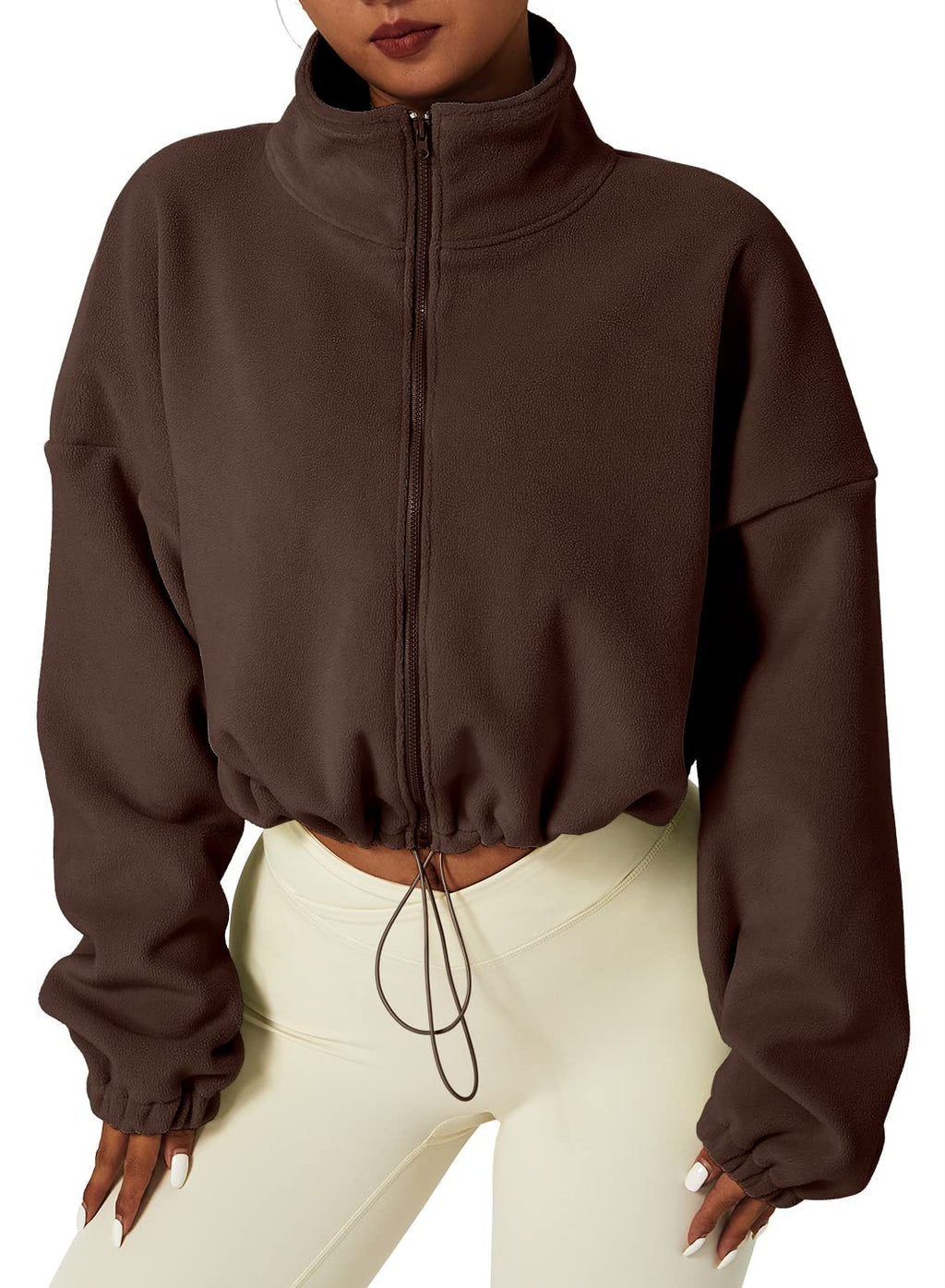 QINSEN Women's Full Zip Fleece Short Jacket Warm Winter Long Sleeve Stand Collar Sherpa Crop Coat