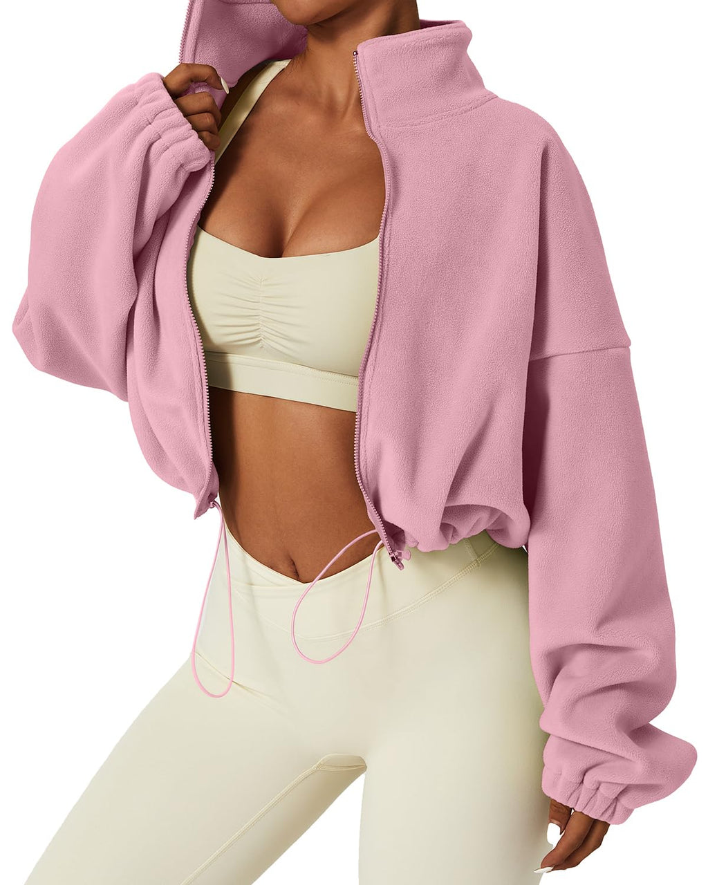 QINSEN Women's Full Zip Fleece Short Jacket Warm Winter Long Sleeve Stand Collar Sherpa Crop Coat
