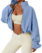QINSEN Women's Full Zip Fleece Short Jacket Warm Winter Long Sleeve Stand Collar Sherpa Crop Coat