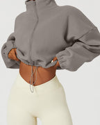 QINSEN Women's Full Zip Fleece Short Jacket Warm Winter Long Sleeve Stand Collar Sherpa Crop Coat