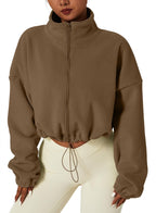 QINSEN Women's Full Zip Fleece Short Jacket Warm Winter Long Sleeve Stand Collar Sherpa Crop Coat