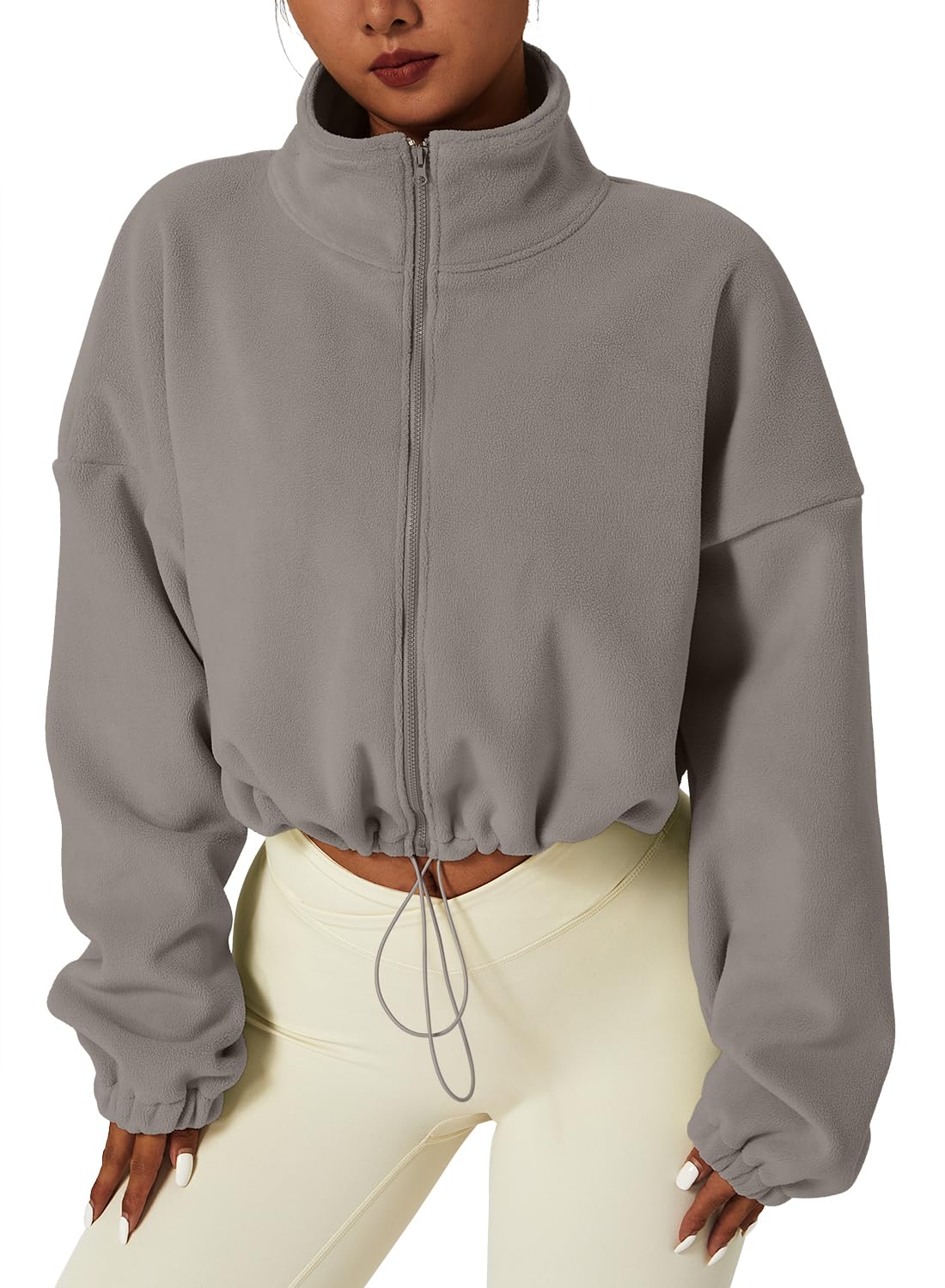 QINSEN Women's Full Zip Fleece Short Jacket Warm Winter Long Sleeve Stand Collar Sherpa Crop Coat