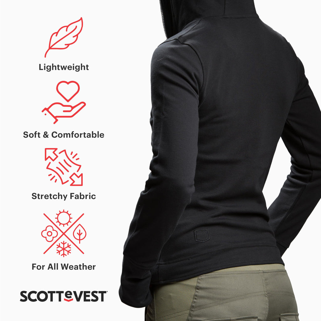 SCOTTeVEST Glow Hoodie for Women - 18 Hidden Pockets - Lightweight Zip Up Sweatshirt for Travel & More