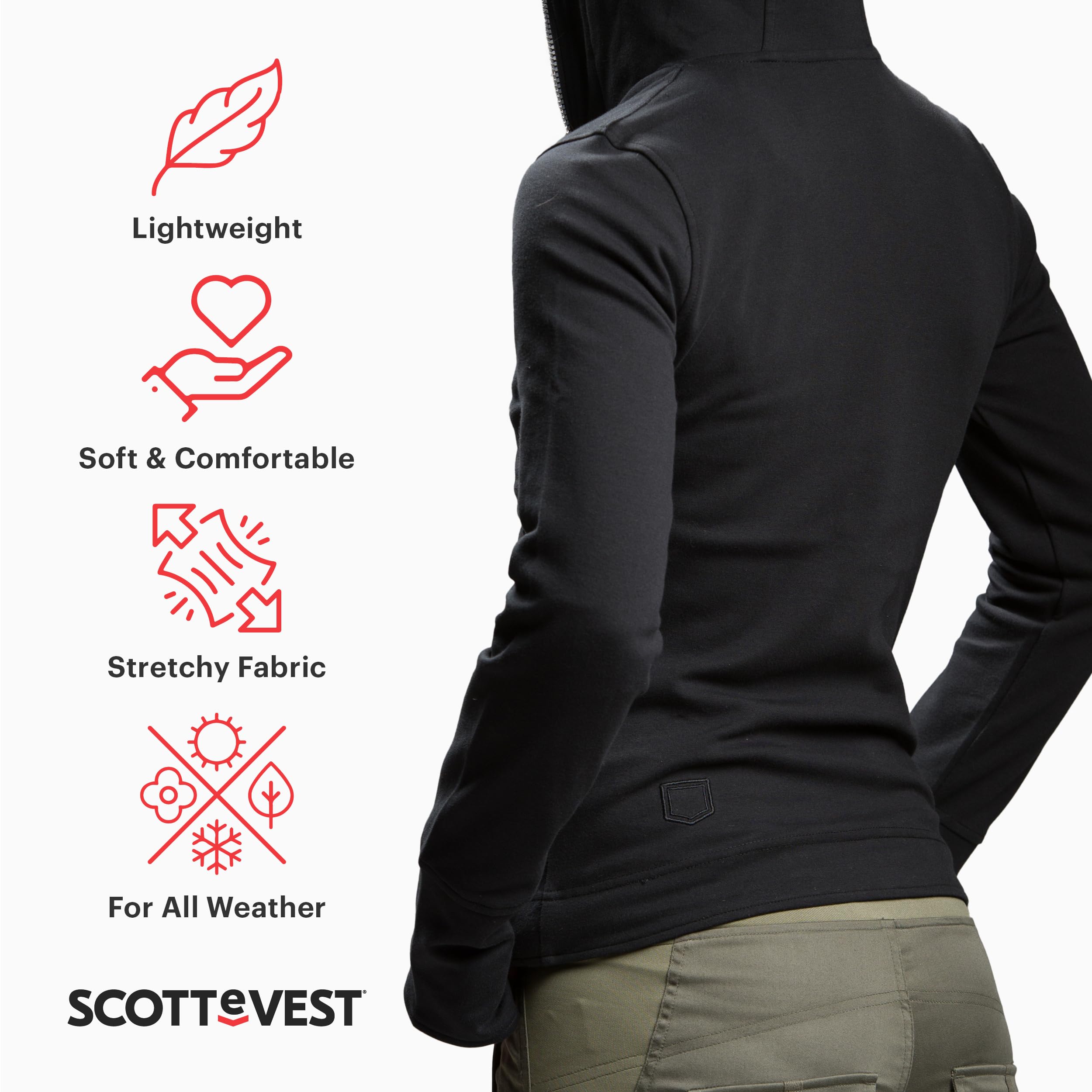 SCOTTeVEST Glow Hoodie for Women - 18 Hidden Pockets - Lightweight Zip Up Sweatshirt for Travel & More